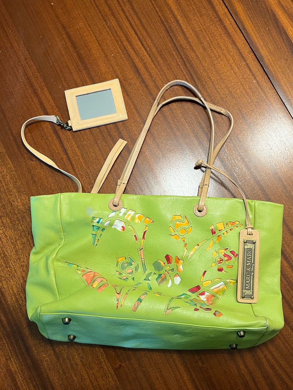 Marc & Marc by Sharif Green Leather Floral Cutout Tote Bag Purse with Tan Straps
